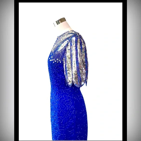 Laurence Kazar Vintage 80’s Blue Dress w/ Silver‎ Peacock Sequins and Open Back - Picture 6 of 10